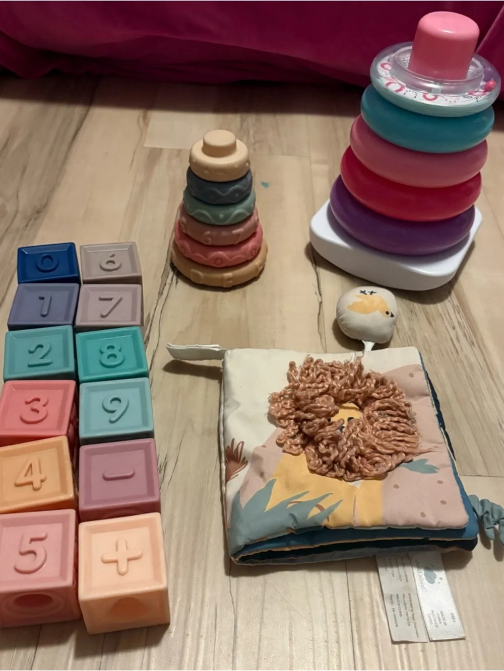 Baby Learning Toys Bundle -Blocks, Bib-Style Cloth Book, stackable rings